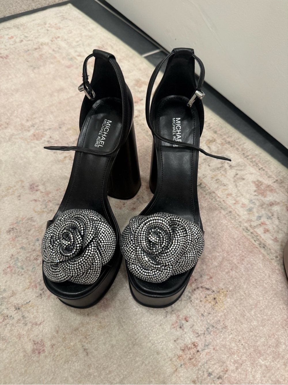 MICHAEL Michael Kors Black Platform Sandals with Crystal Rose Accent size 7
